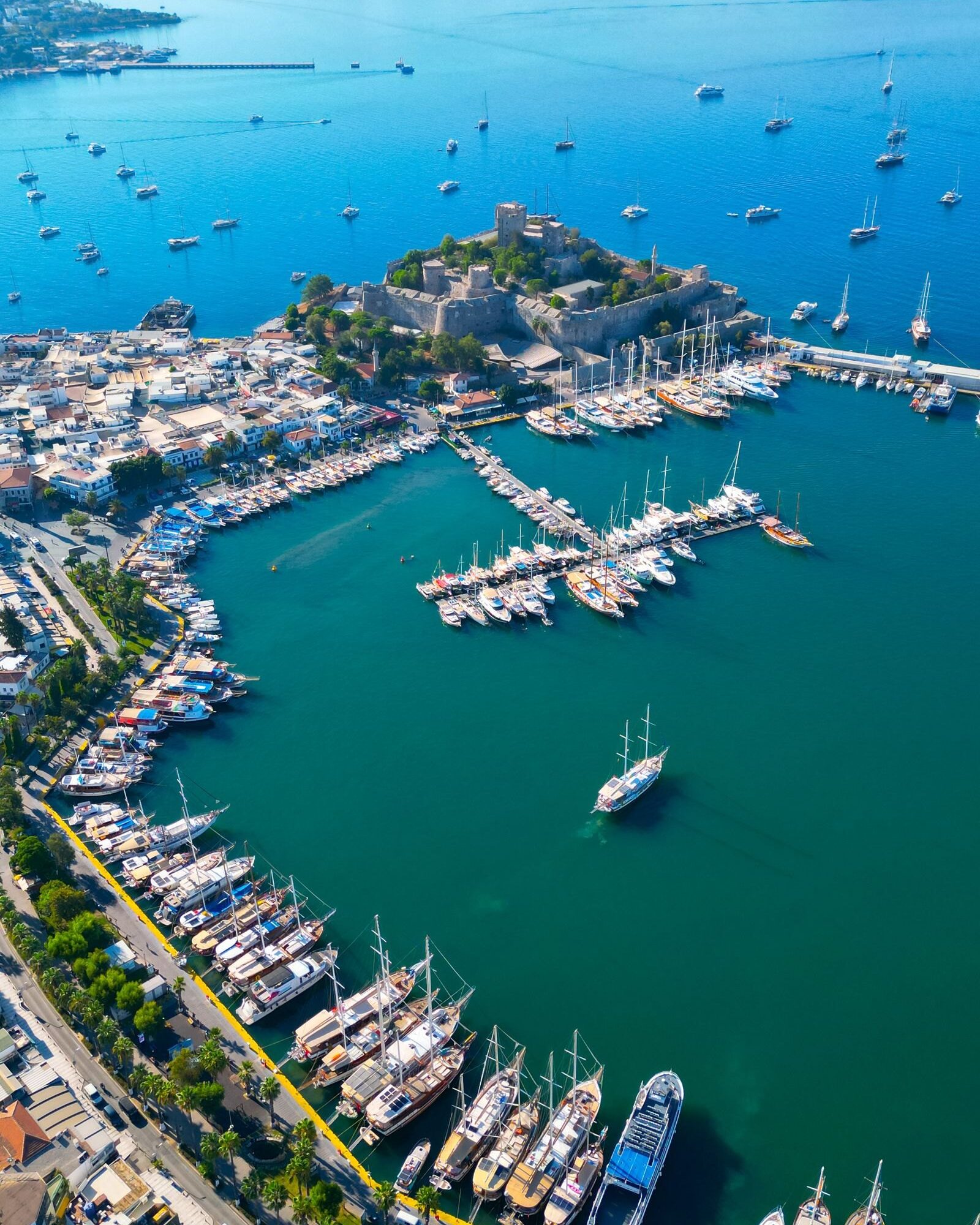 Aerial view of Bodrum harbour and the castle
